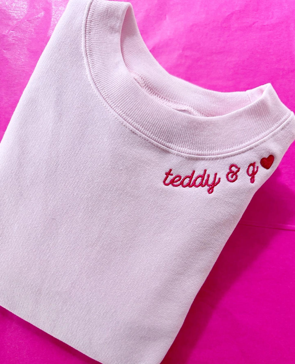 PINK WITH RED STITCH adult embroidered sweatshirt with heart