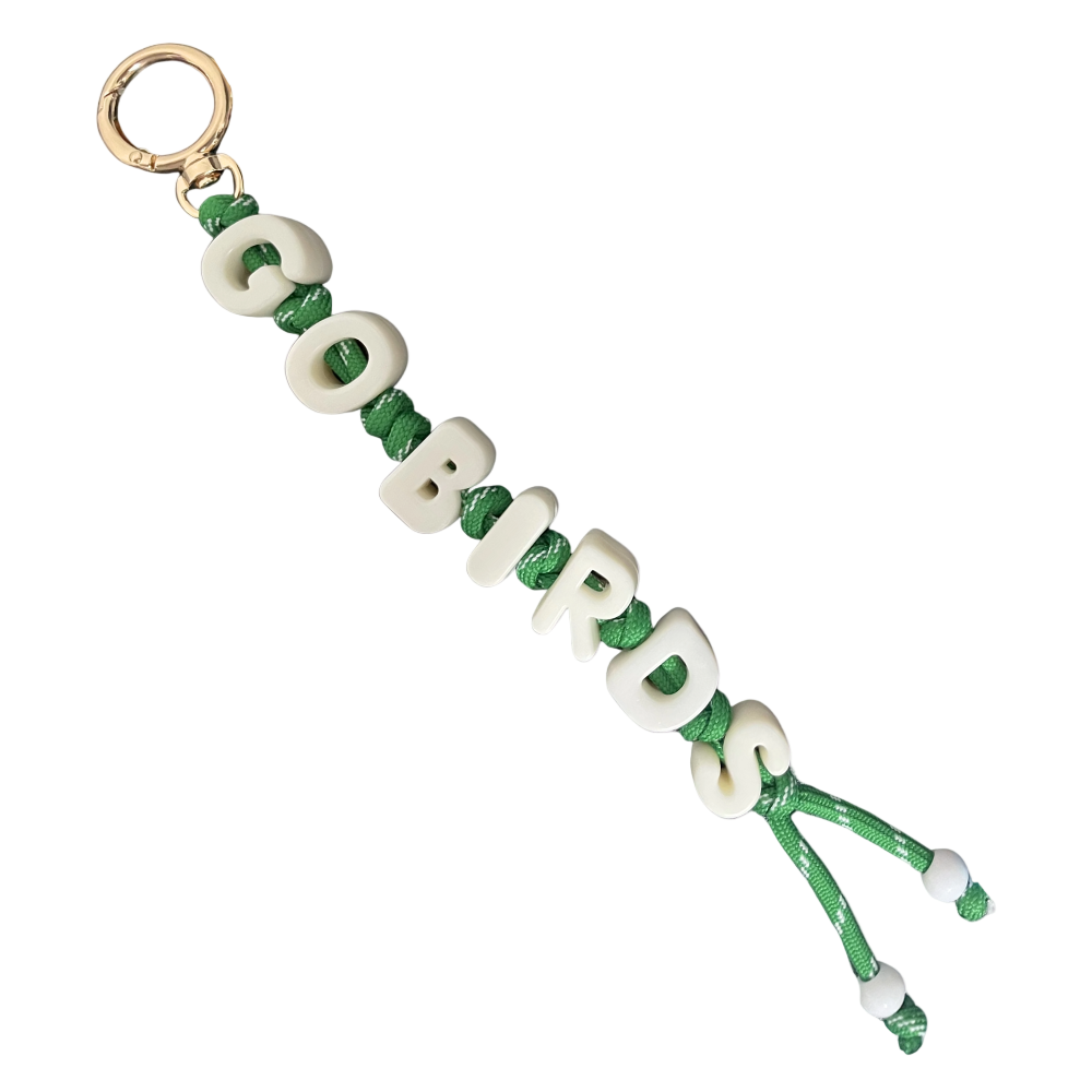 Keychain with 'GOOD BIRDS' beads on a white background