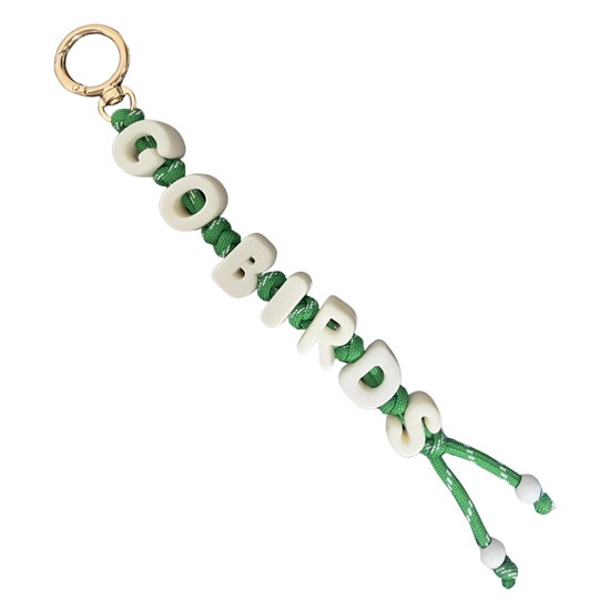 Keychain with 'GOOD BIRDS' beads on a white background