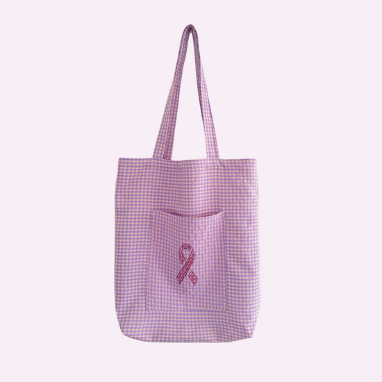 BCA SHINE ♡ lightweight gingham tote bag with front pocket and rhinestone ribbon