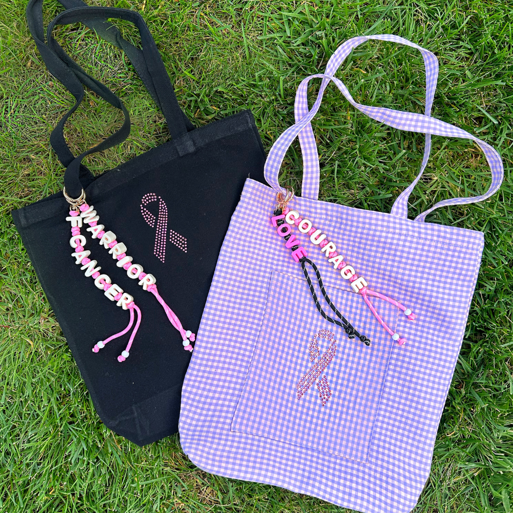 BCA SHINE ♡ lightweight gingham tote bag with front pocket and rhinestone ribbon