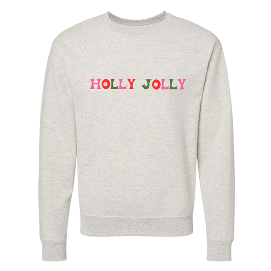 Gray sweatshirt with 'Holly Jolly' text in colorful letters on a white background