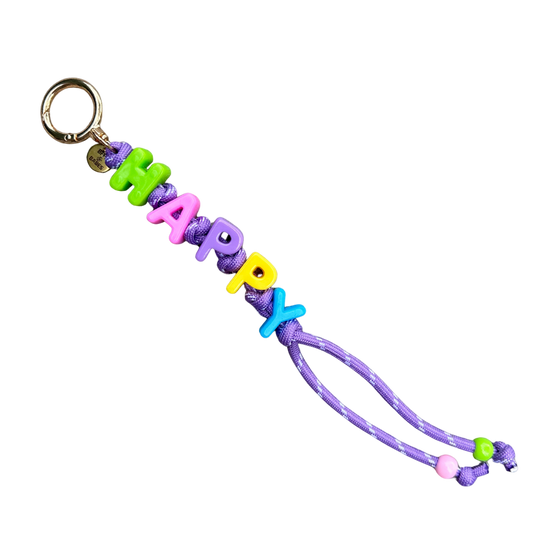 Keychain with colorful letters spelling 'HAPPY' on a white background