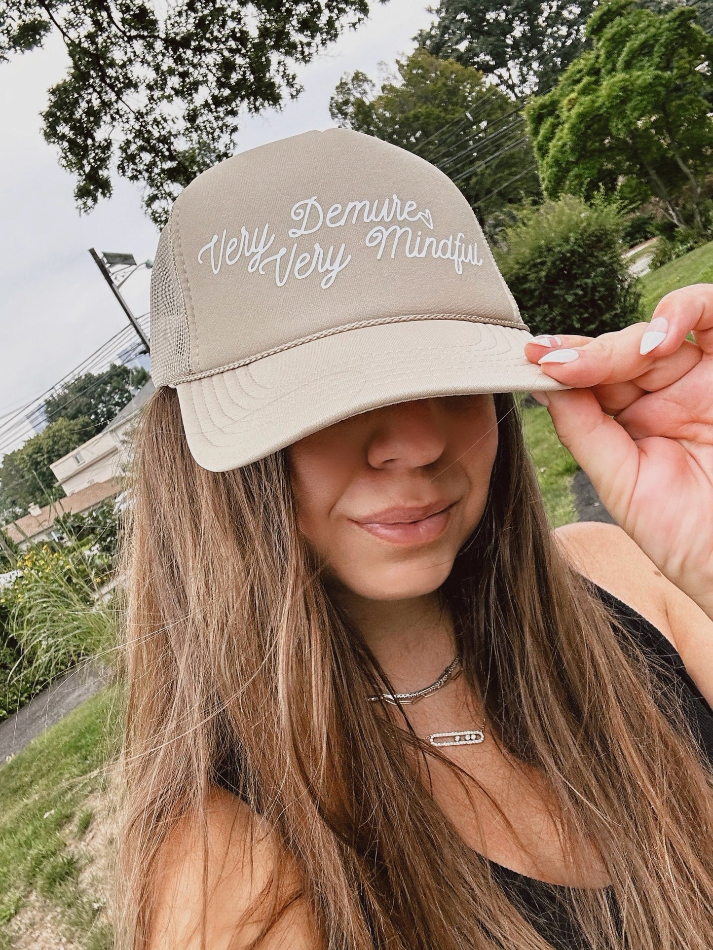 DEMURE & MINDFUL ♡ printed trucker hat