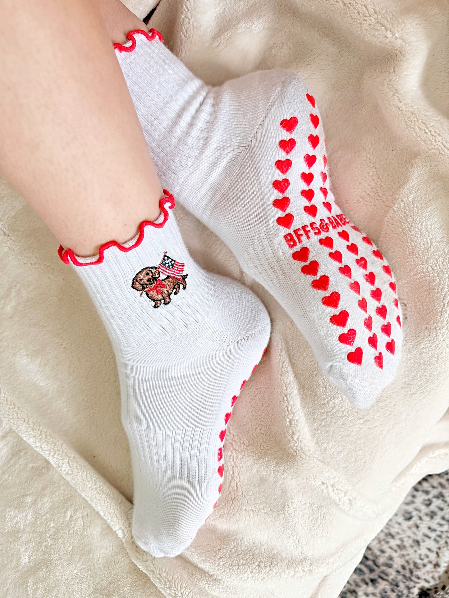 USA DACHSHUND ♡ embroidered patriotic pilates grippy socks