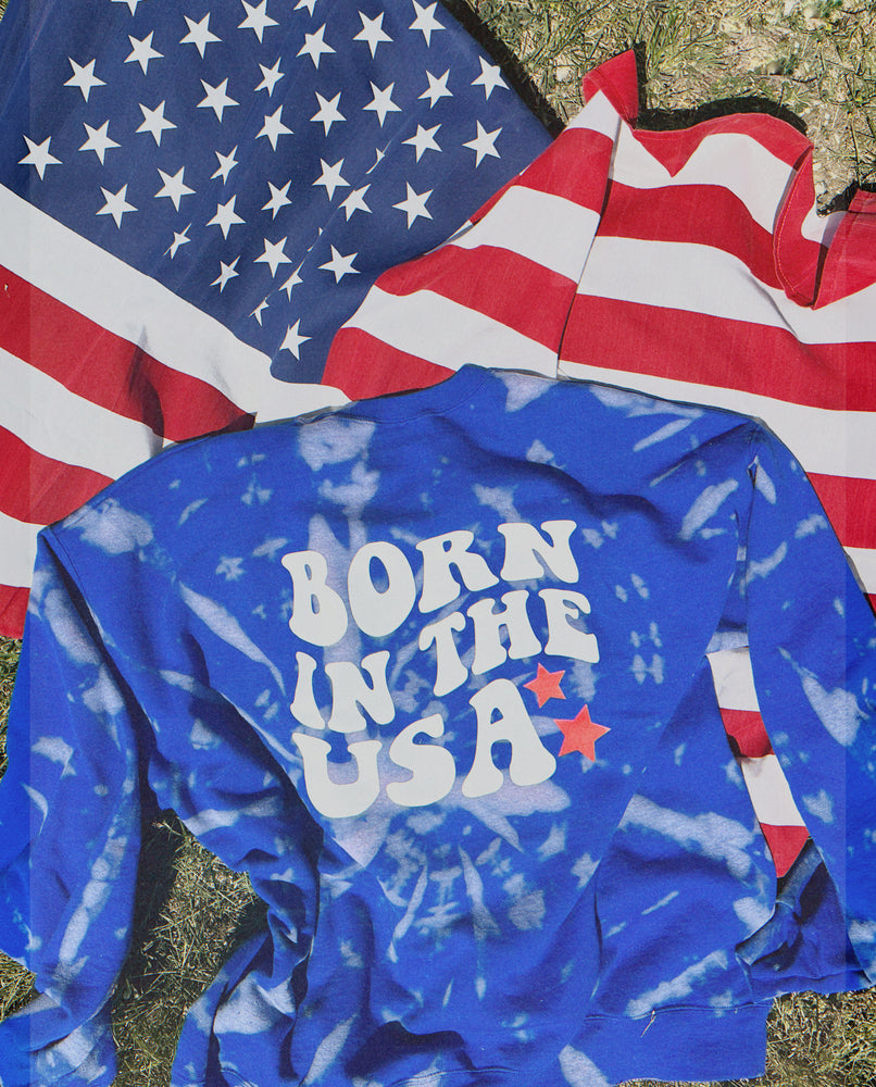 
                
                    Load image into Gallery viewer, BORN IN THE USA ♡ blue tie-dye sweatshirt
                
            