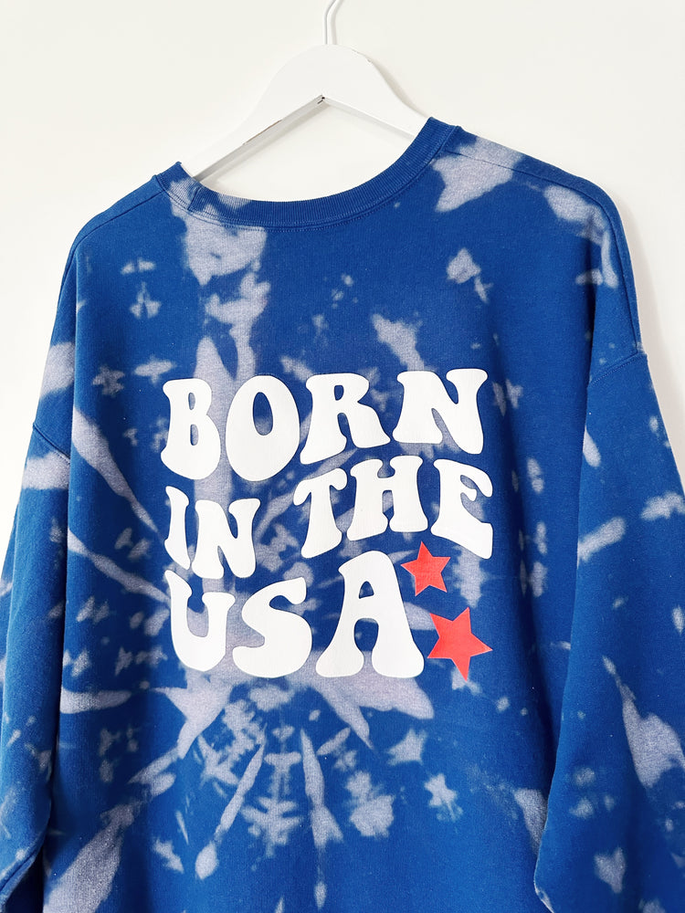 
                
                    Load image into Gallery viewer, BORN IN THE USA ♡ blue tie-dye sweatshirt
                
            