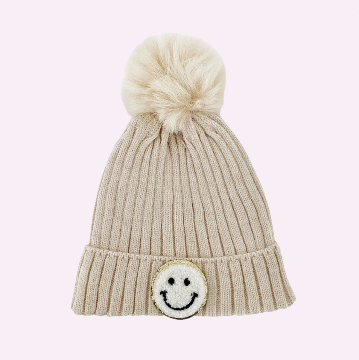 TODDLER SMILE POM BEANIE ♡ ribbed beanie with smile patch