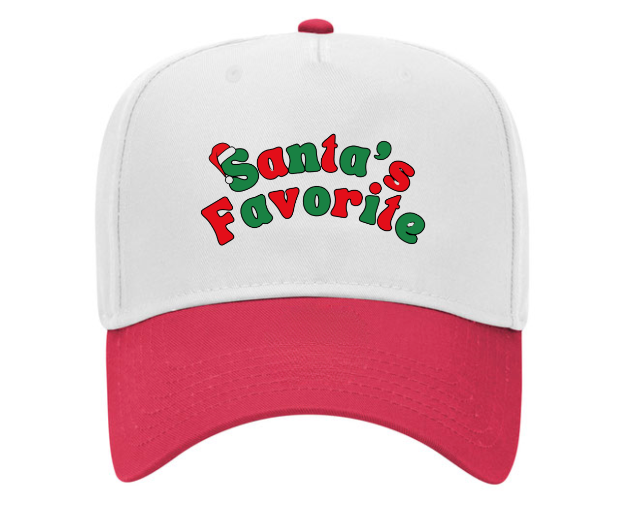 White and red cap with 'Santa's Favorite' text on a white background