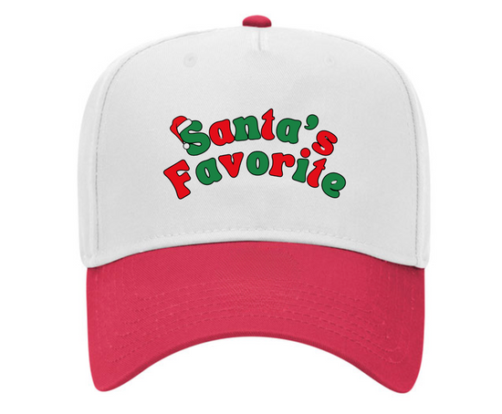 White and red cap with 'Santa's Favorite' text on a white background