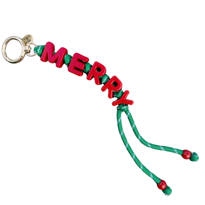 Keychain with 'MERRY' letters on a white background