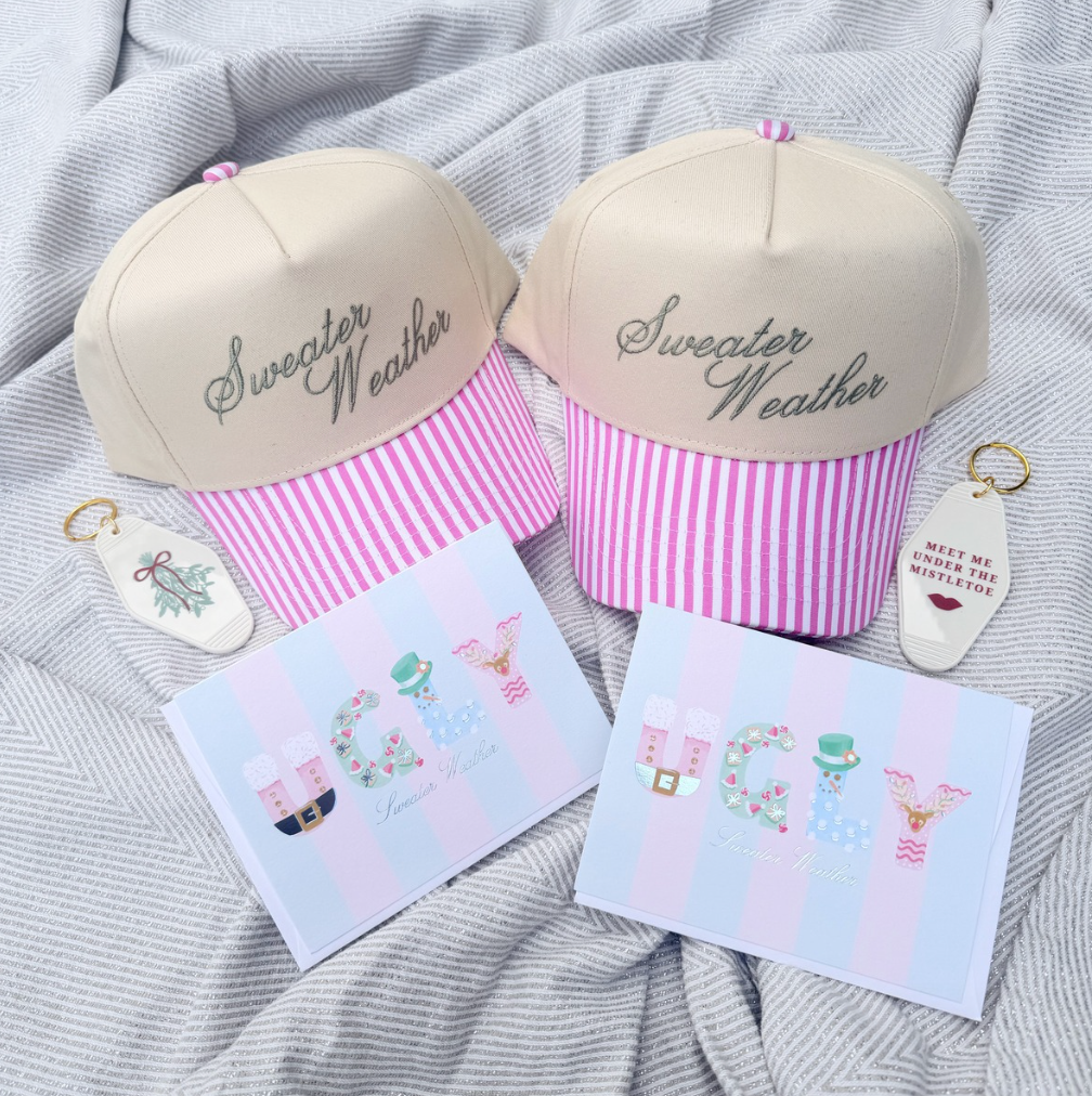 SIGNED SWEATER WEATHER HAT BUNDLE ♡ holiday junkie hat, keychain & card bundle
