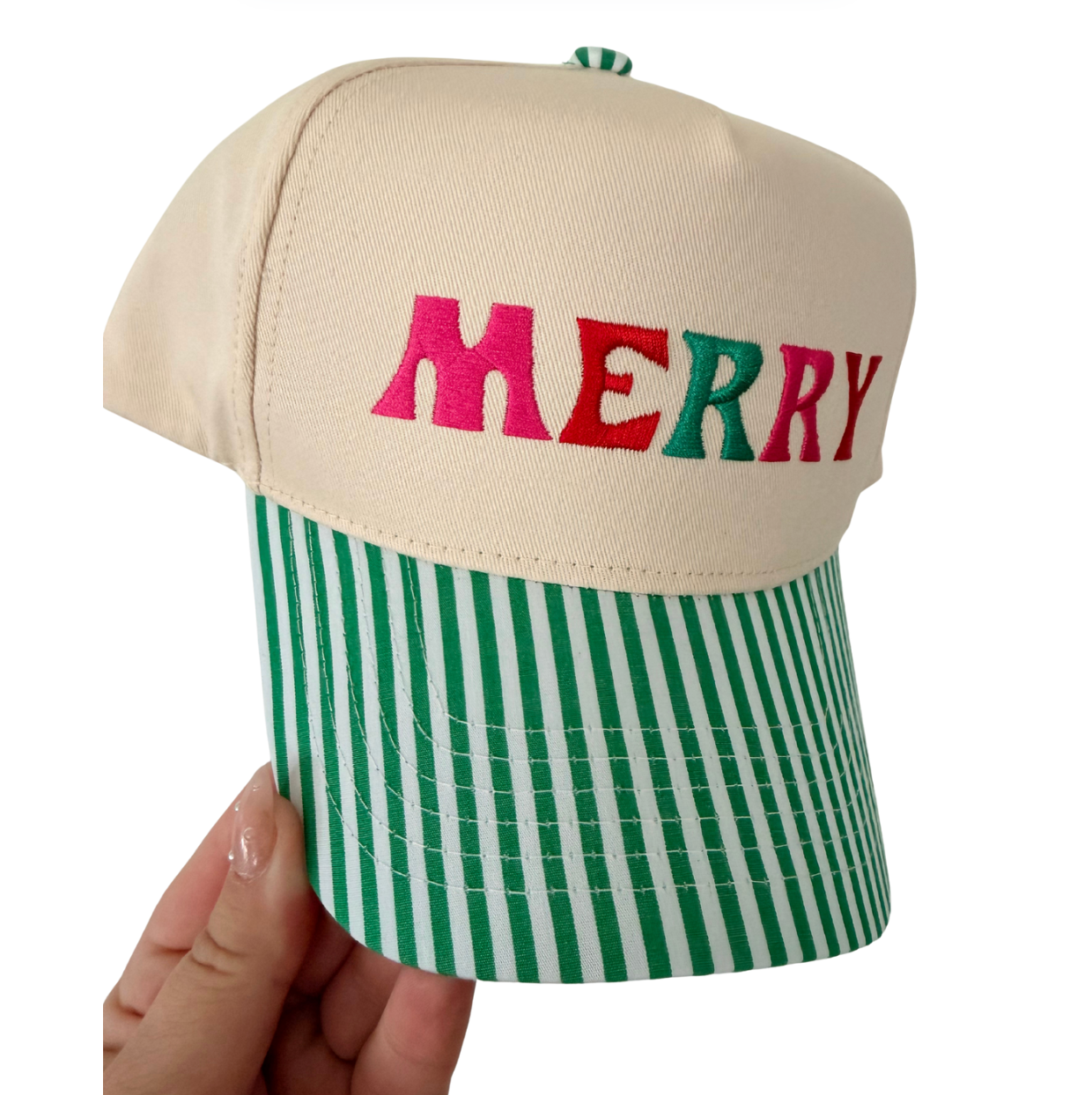 MERRY & BRIGHT ♡ embroidered striped brim hat