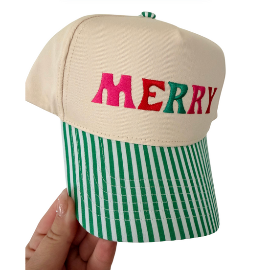 MERRY & BRIGHT ♡ embroidered striped brim hat