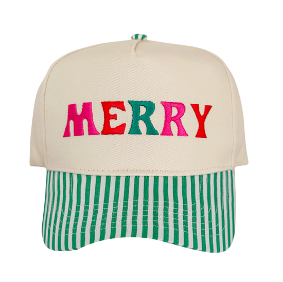 MERRY & BRIGHT ♡ embroidered striped brim hat