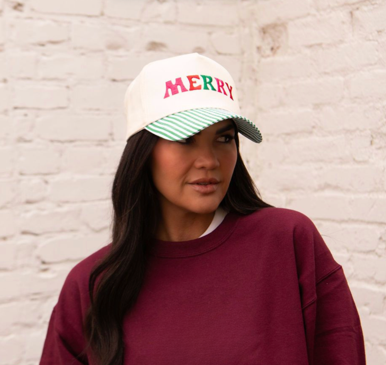 MERRY & BRIGHT ♡ embroidered striped brim hat