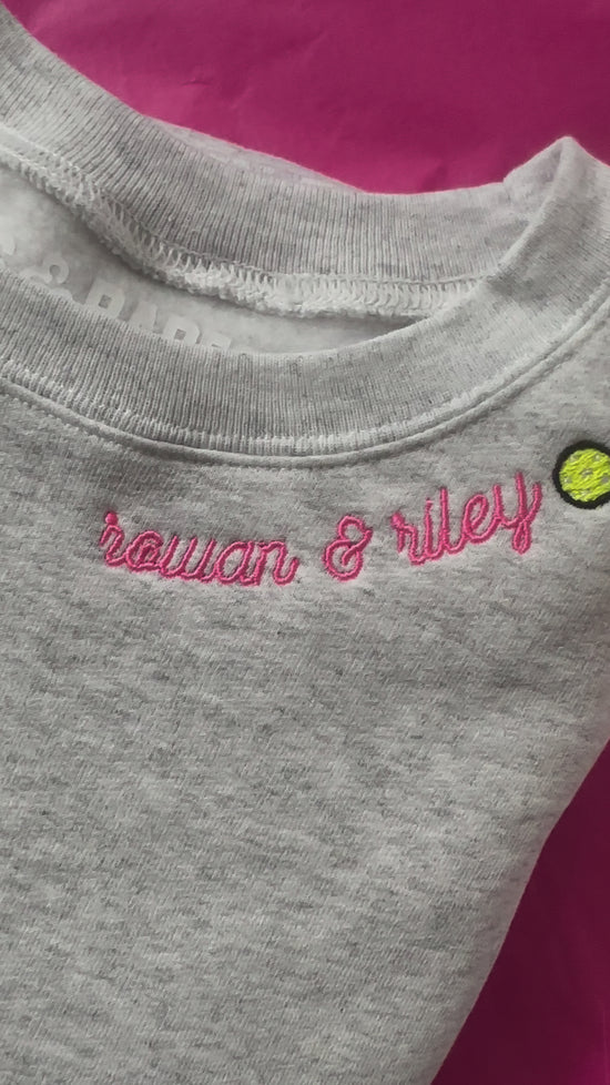 Load and play video in Gallery viewer, PICKLEBALL STITCH ♡ custom embroidered sweatshirt in gray

