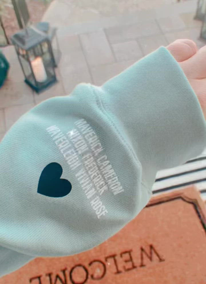 Load and play video in Gallery viewer, LOVE ON THE CUFF ♡ seafoam mama sweatshirt with personalized cuff

