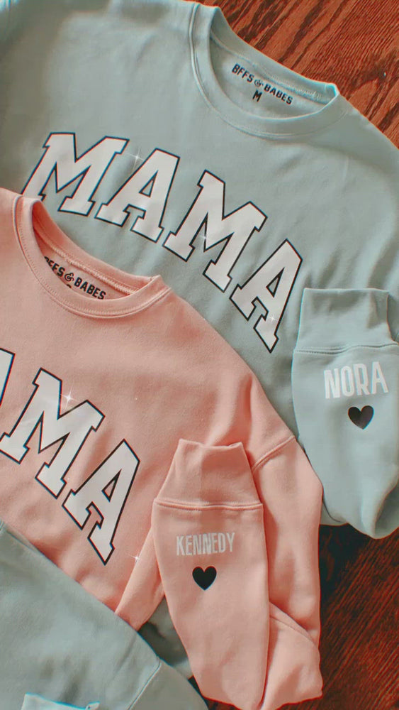 
                
                    Load and play video in Gallery viewer, LOVE ON THE CUFF ♡ seafoam mama sweatshirt with personalized cuff
                
            