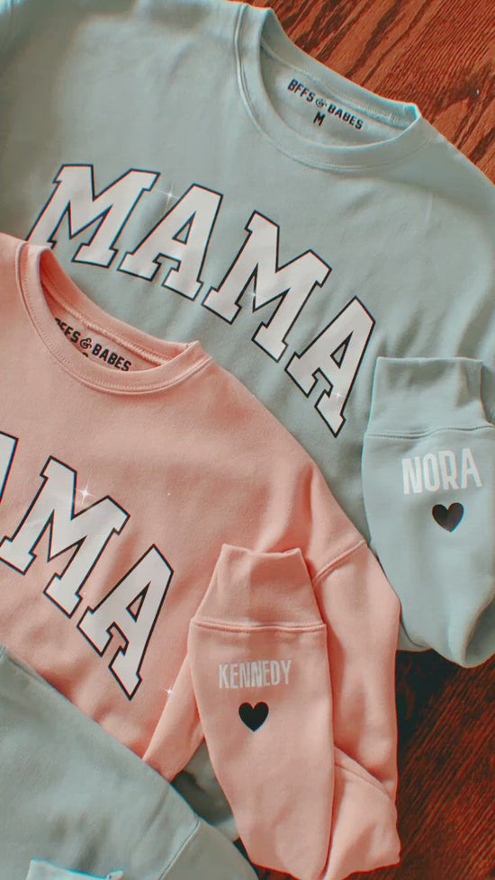 Load and play video in Gallery viewer, LOVE ON THE CUFF ♡ blush mama sweatshirt with personalized cuff
