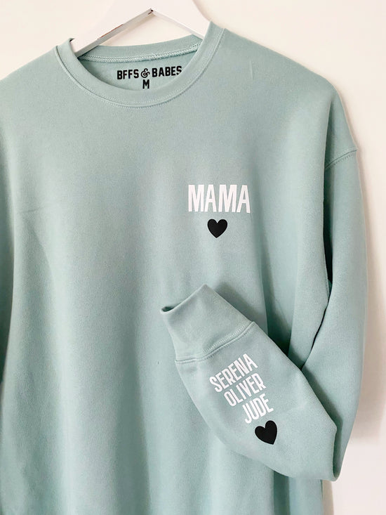 Load image into Gallery viewer, LOVE ON THE CUFF ♡ customizable seafoam sweatshirt with personalized cuff
