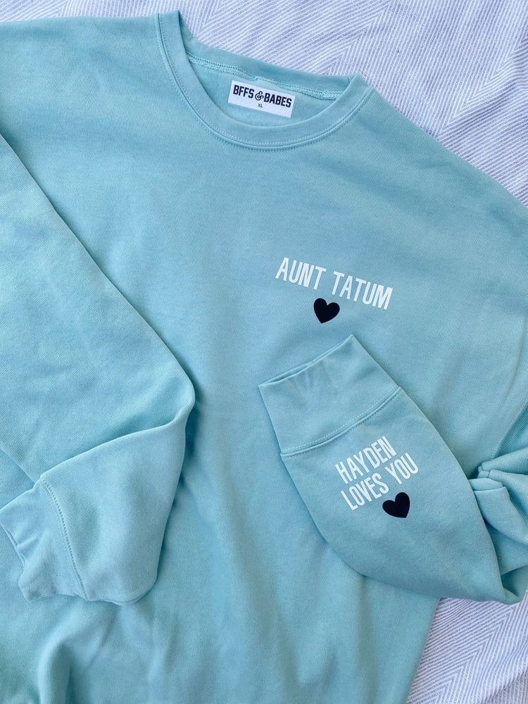 
                
                    Load image into Gallery viewer, LOVE ON THE CUFF ♡ customizable seafoam sweatshirt with personalized cuff
                
            