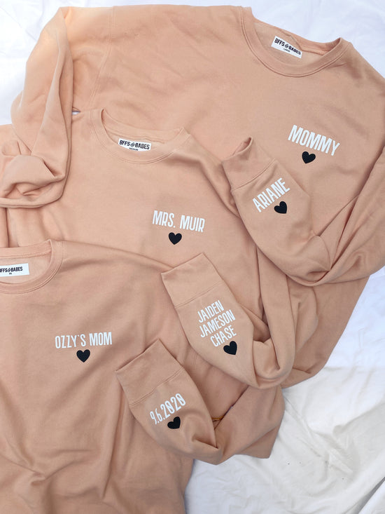 LOVE ON THE CUFF ♡ customizable blush sweatshirt with personalized cuff