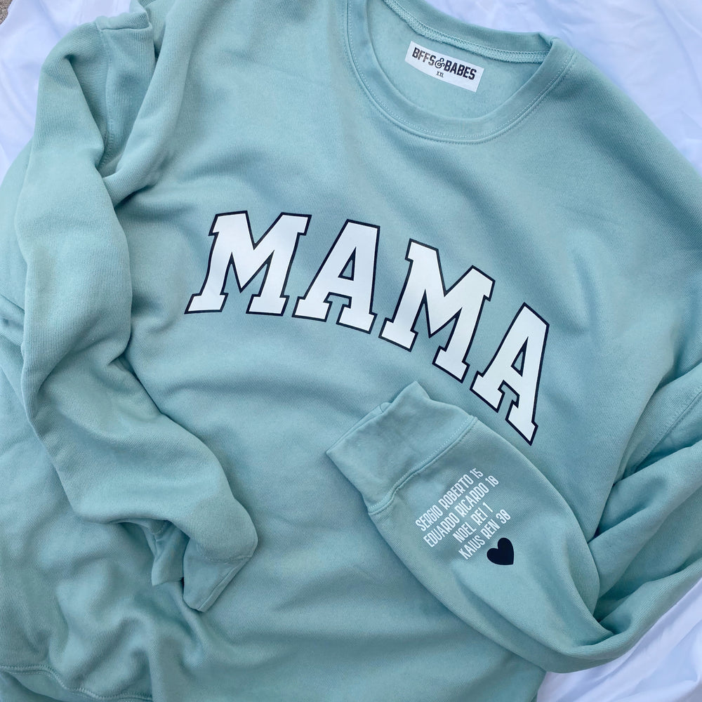 
                
                    Load image into Gallery viewer, LOVE ON THE CUFF ♡ seafoam mama sweatshirt with personalized cuff
                
            