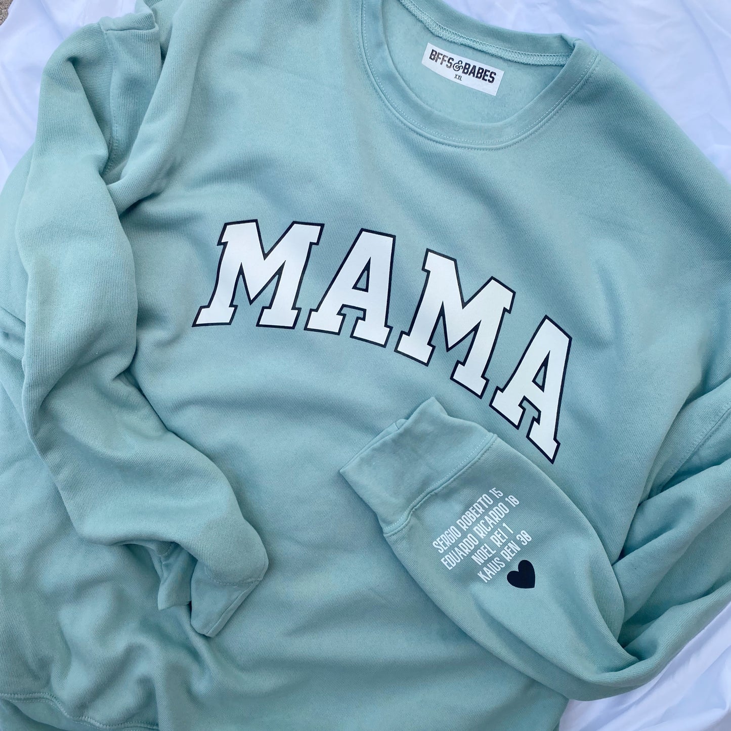 LOVE ON THE CUFF ♡ seafoam mama sweatshirt with personalized cuff