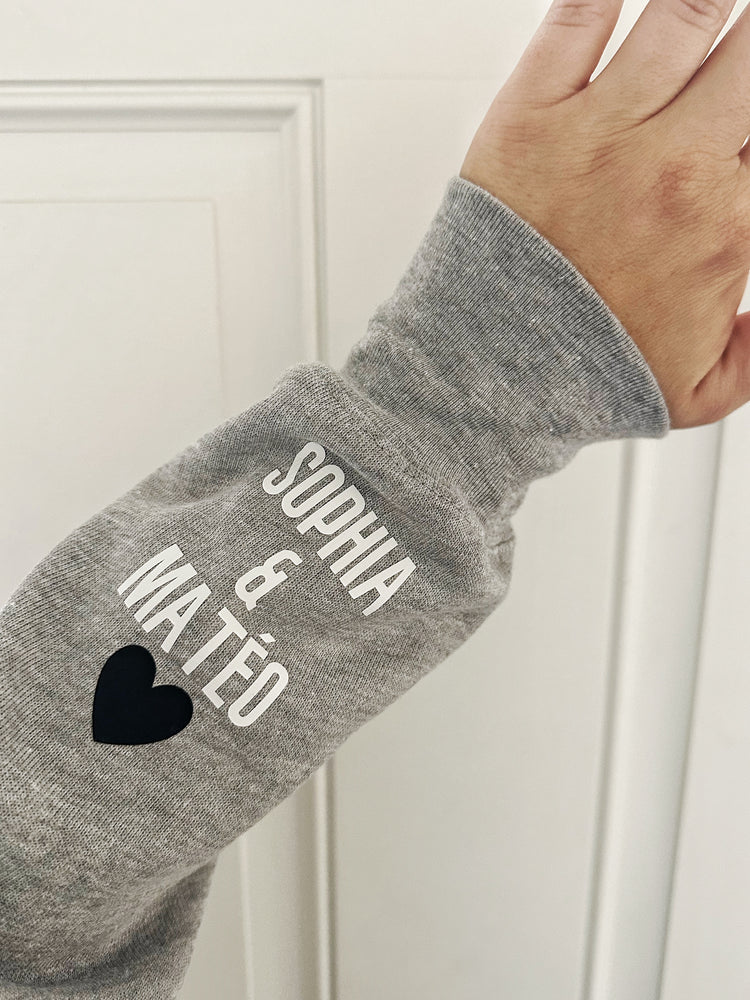 LOVE ON THE CUFF ♡ customizable static gray sweatshirt with personalized cuff