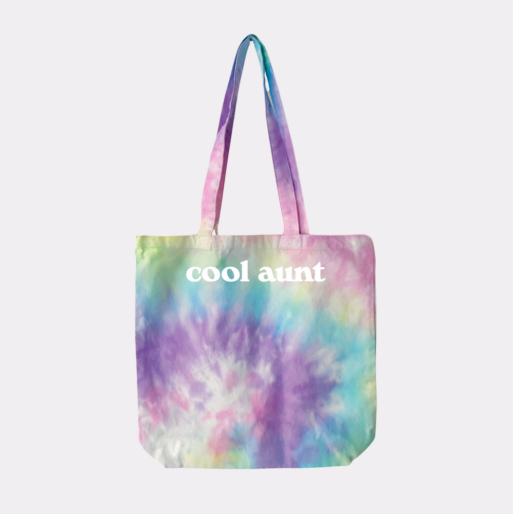 
                
                    Load image into Gallery viewer, COOL AUNT MULTIE TOTE ♡ tie-dye tote bag with cool aunt print
                
            