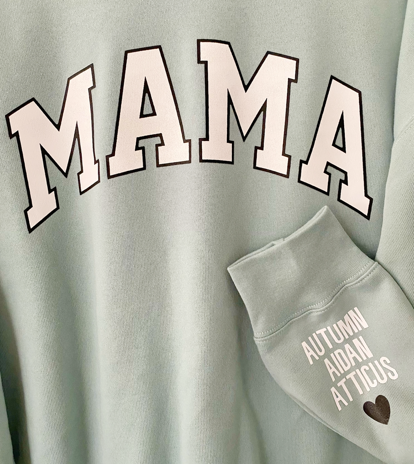Load image into Gallery viewer, LOVE ON THE CUFF ♡ seafoam mama sweatshirt with personalized cuff
