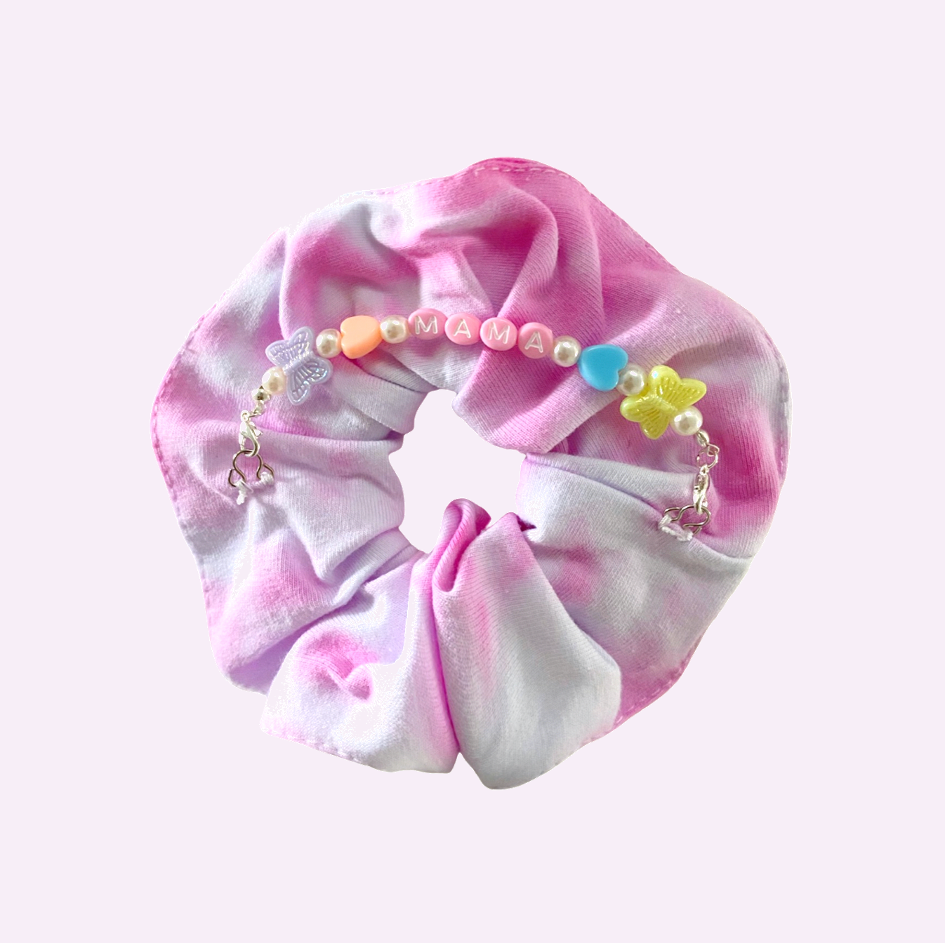 Load image into Gallery viewer, MAMA SCRUNCHIE ♡ tie-dye scrunchie with mama beads by Aura Sugar Co.
