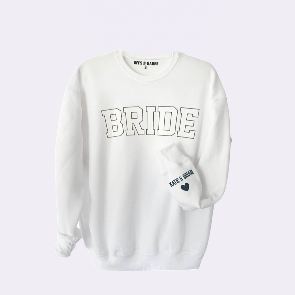 LOVE ON THE CUFF ♡ white bride sweatshirt with personalized cuff