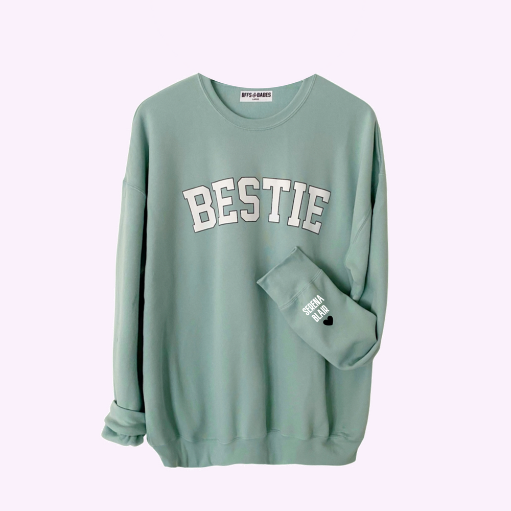 
                
                    Load image into Gallery viewer, LOVE ON THE CUFF ♡ seafoam bestie sweatshirt with personalized cuff
                
            