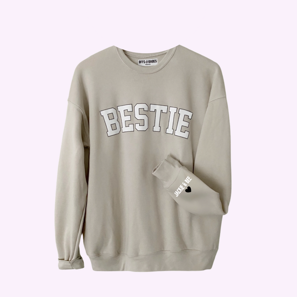 
                
                    Load image into Gallery viewer, LOVE ON THE CUFF ♡ beige bestie sweatshirt with personalized cuff
                
            