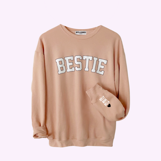 LOVE ON THE CUFF blush bestie sweatshirt with personalized cuff BFFS BABES