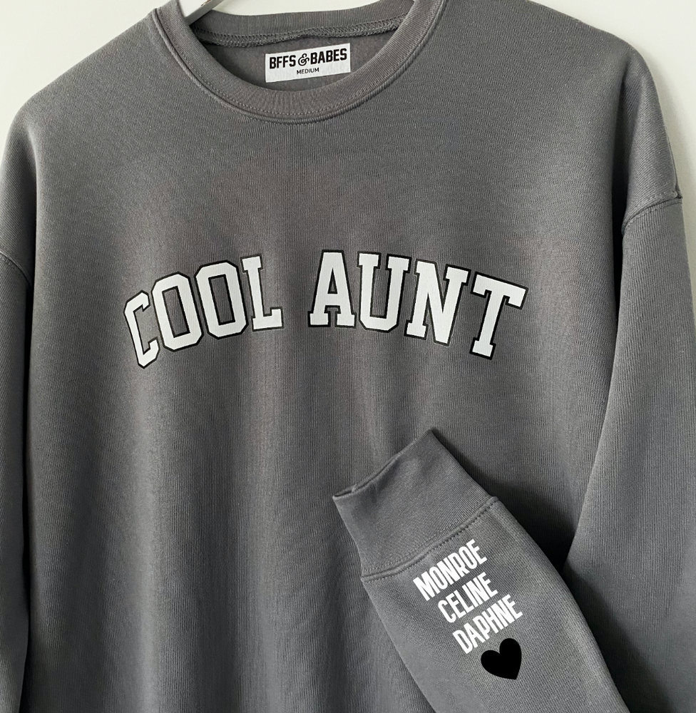 
                
                    Load image into Gallery viewer, LOVE ON THE CUFF ♡ stormy cool aunt sweatshirt with personalized cuff
                
            
