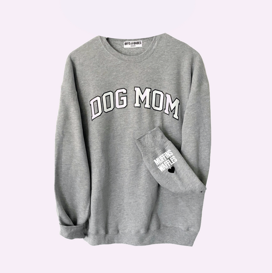 LOVE ON THE CUFF ♡ static gray dog mom sweatshirt with personalized cuff