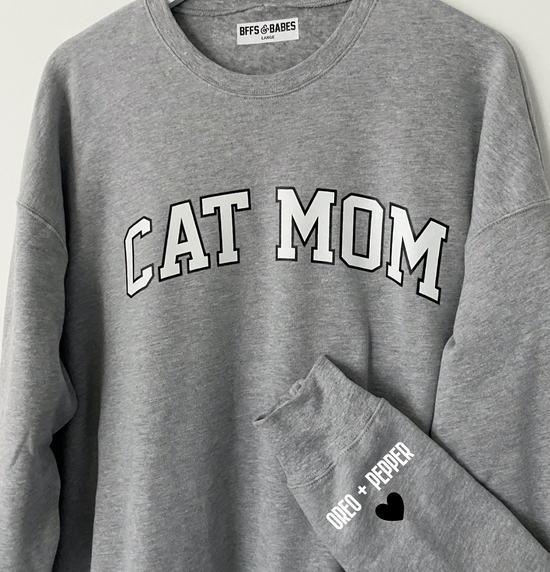 LOVE ON THE CUFF ♡ static gray cat mom sweatshirt with personalized cuff