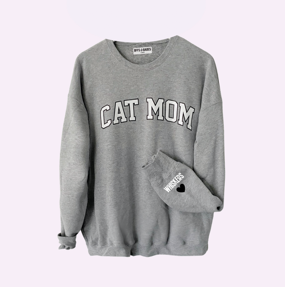
                
                    Load image into Gallery viewer, LOVE ON THE CUFF ♡ static gray cat mom sweatshirt with personalized cuff
                
            