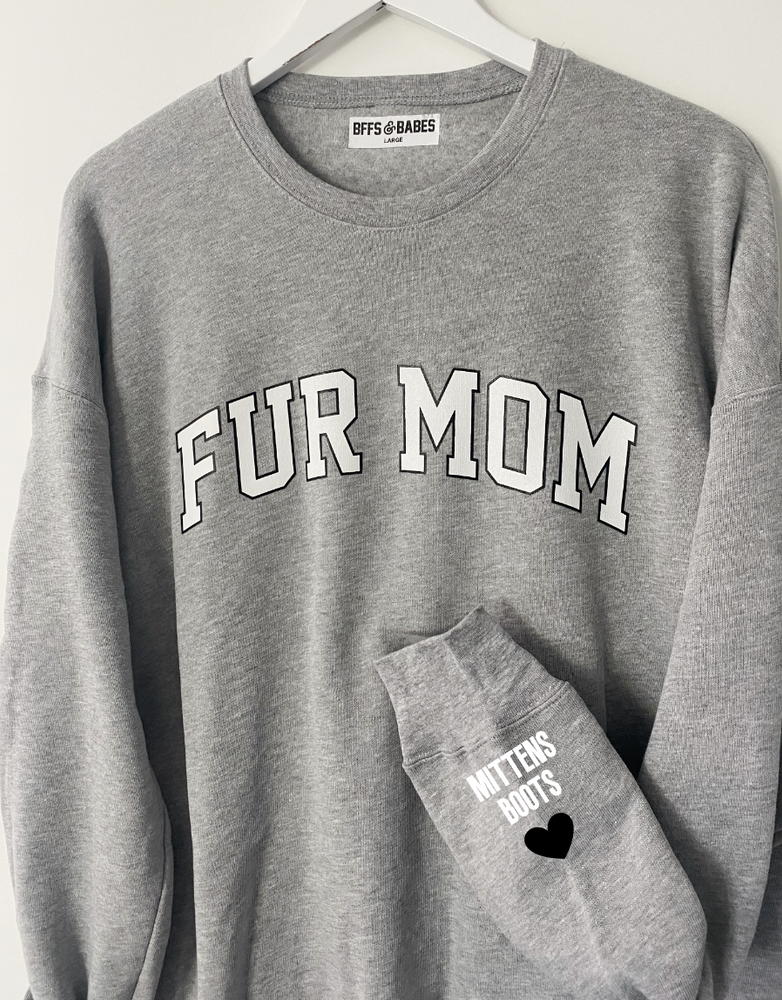 
                
                    Load image into Gallery viewer, LOVE ON THE CUFF ♡ static gray fur mom sweatshirt with personalized cuff
                
            
