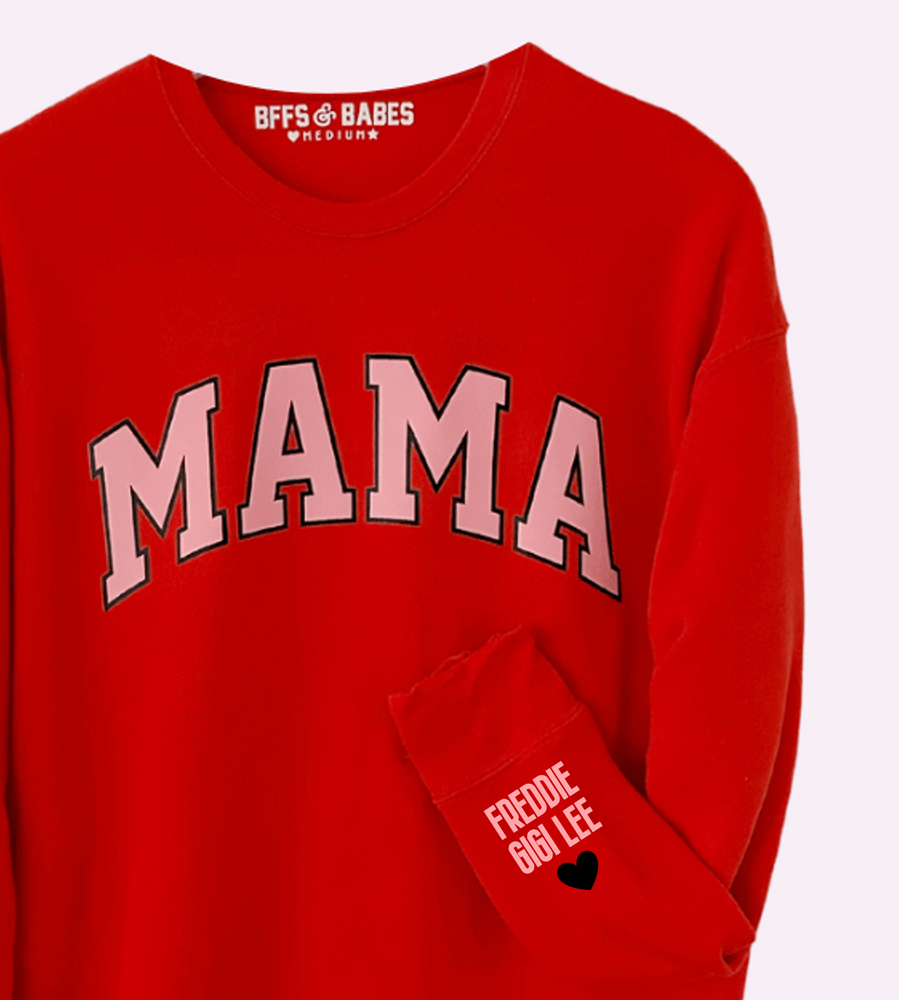 
                
                    Load image into Gallery viewer, LOVE ON THE CUFF ♡ red mama sweatshirt with personalized cuff
                
            