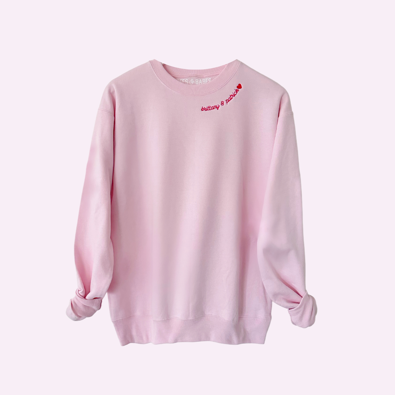 PINK WITH RED STITCH adult embroidered sweatshirt with heart BFFS BABES