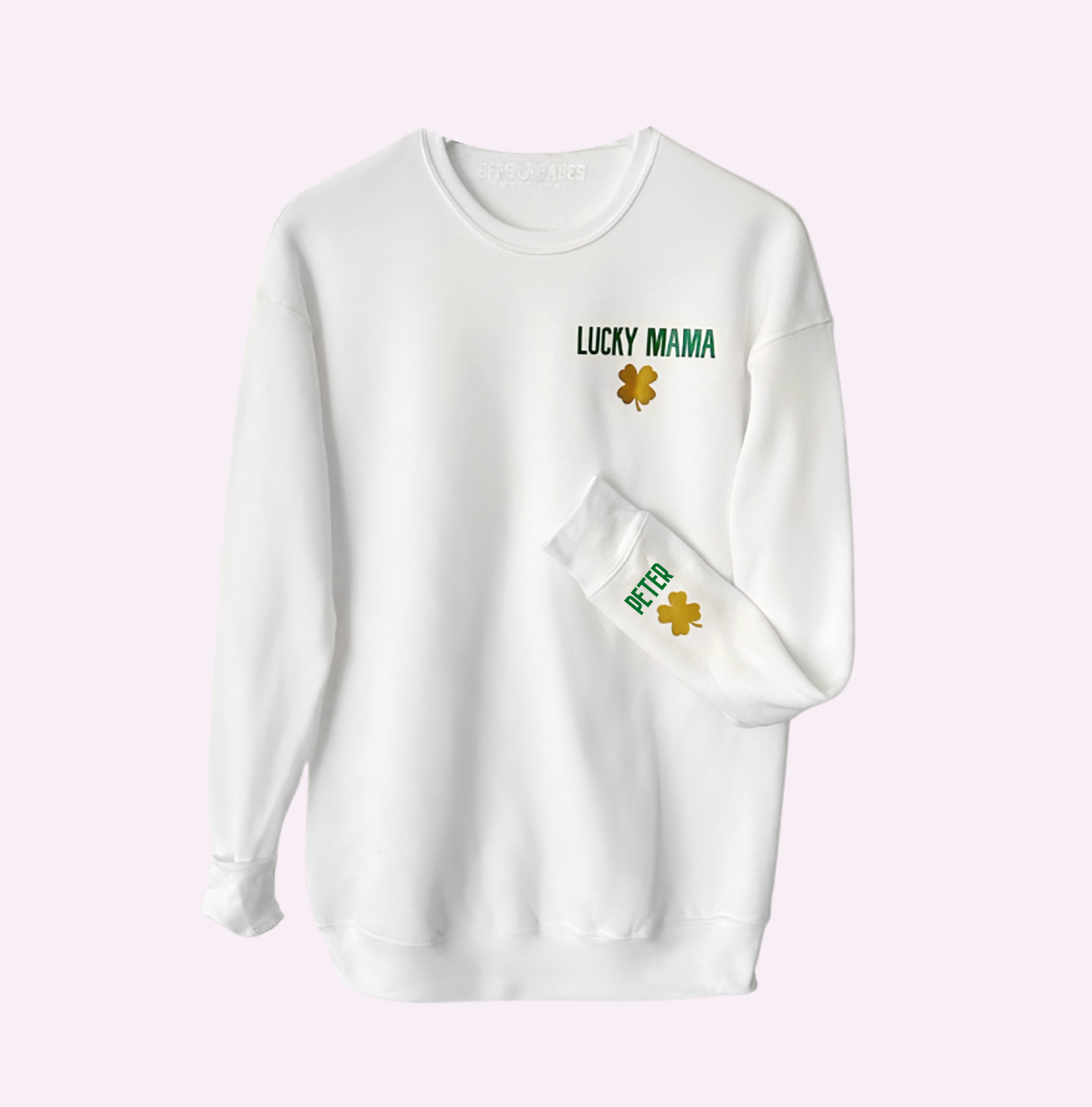 Load image into Gallery viewer, LOVE ON THE CUFF ♡ customizable white sweatshirt with personalized cuff shamrock
