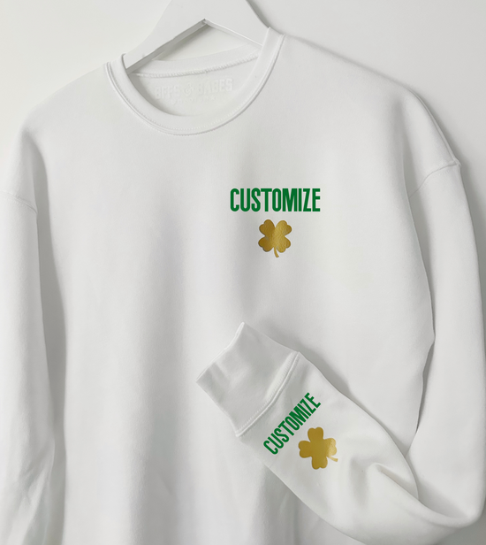 Load image into Gallery viewer, LOVE ON THE CUFF ♡ customizable white sweatshirt with personalized cuff shamrock

