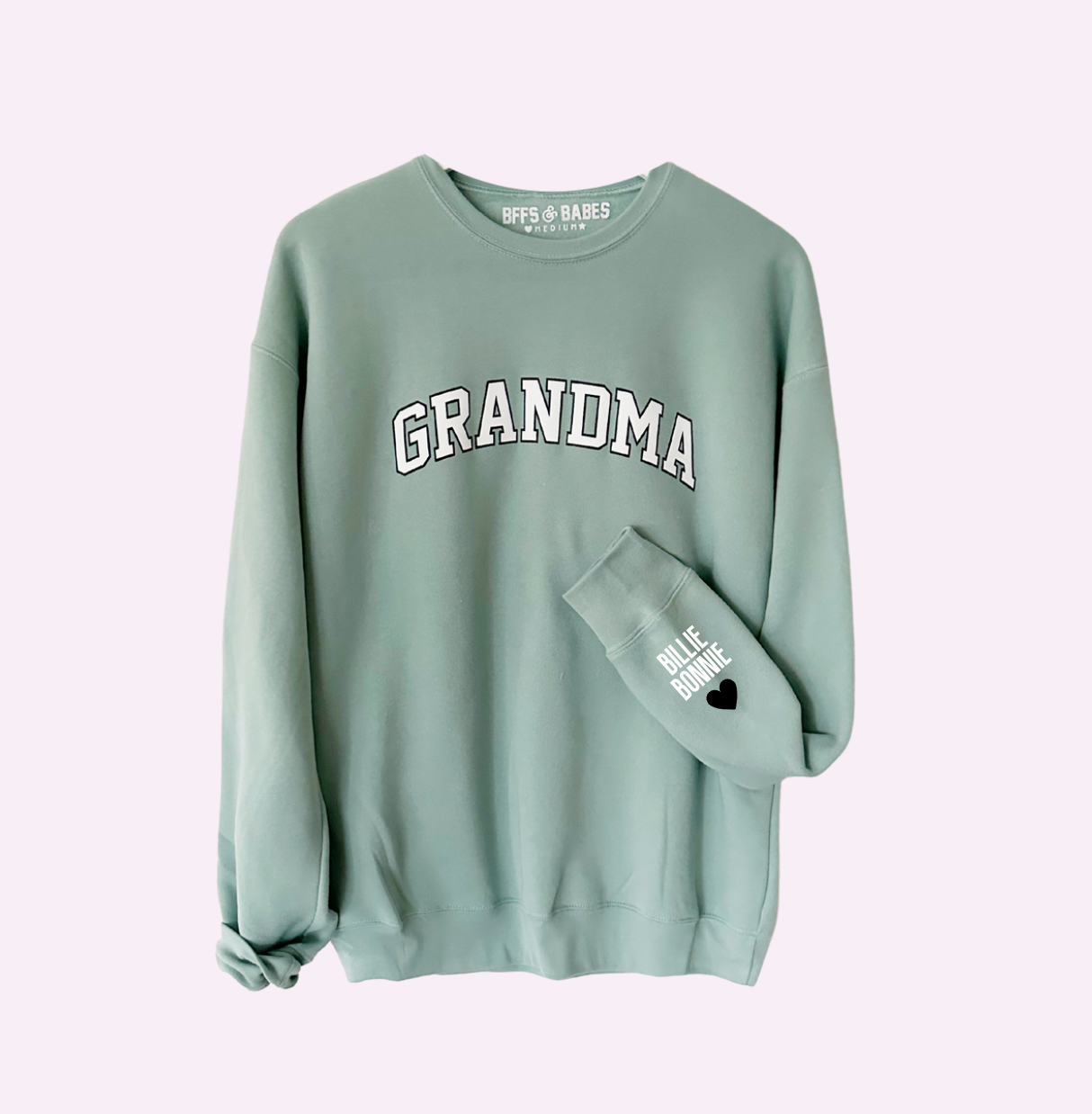 LOVE ON THE CUFF ♡ seafoam grandma sweatshirt with personalized cuff