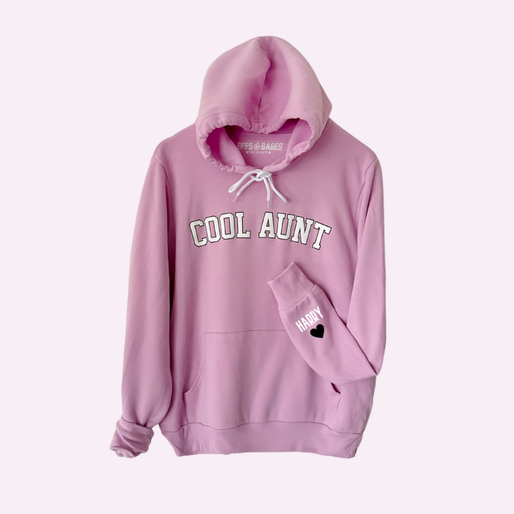 
                
                    Load image into Gallery viewer, LOVE ON THE CUFF ♡ orchid cool aunt hoodie sweatshirt with personalized cuff
                
            