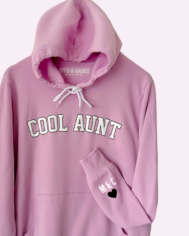 
                
                    Load image into Gallery viewer, LOVE ON THE CUFF ♡ orchid cool aunt hoodie sweatshirt with personalized cuff
                
            